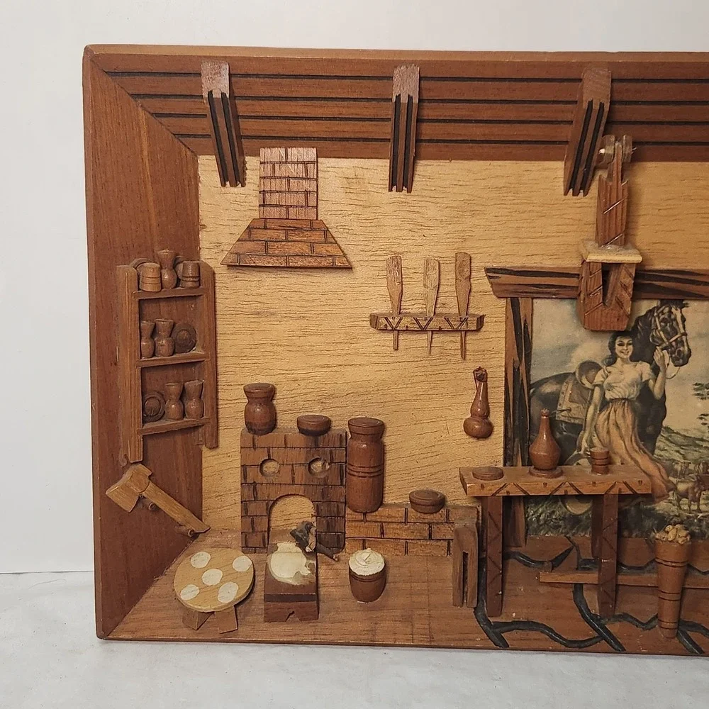 Vintage 1960's MCM Carved Wooden Lodge Bar Tavern Inn Market Town Diorama‎ 3D